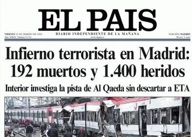 Spanish daily El Pais reports about the attacks on the city’s commuter rail system the day after they took place. Source: El Pais.
