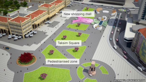 The same plan softened by patches of grass and few benches.