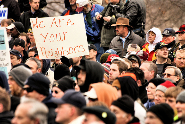 Public employee rally in Iowa. Photo via flickr user Phil Roeder