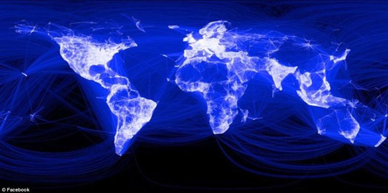 According to the author Garfield, an intern at facebook took the coordinates of each member's address and their connections across the globe and mapped them producing this beautiful map. This blue map shows not only the locations of the facebook users but also the density internet connections and the intensity of their use.