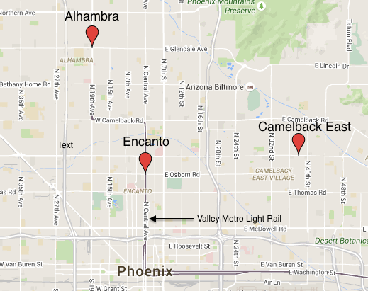 Neighborhoods visited, shown in relation to downtown Phoenix (Source: maps.google.com) 
